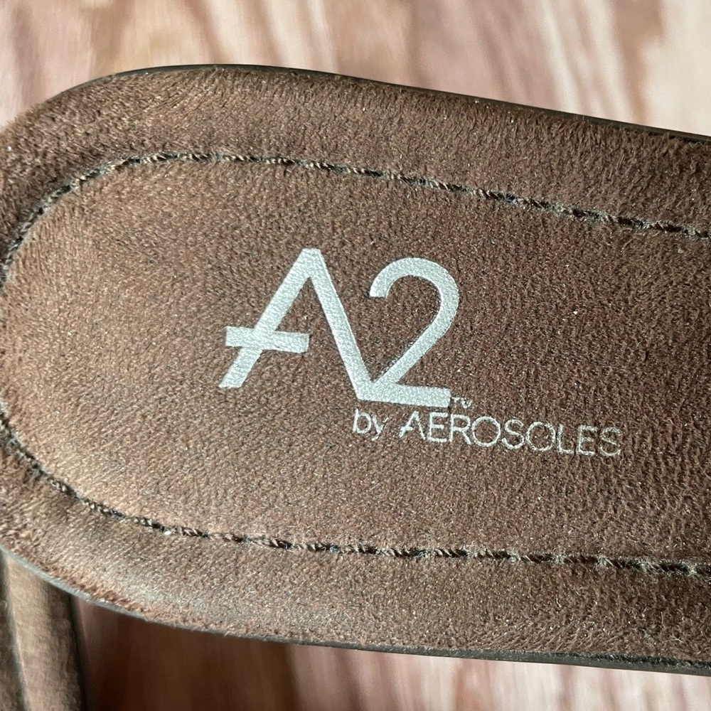 A2 Aerosoles Leather Sandals Slides Wedges Brown Size 8 Medium - Picture 3 of 9